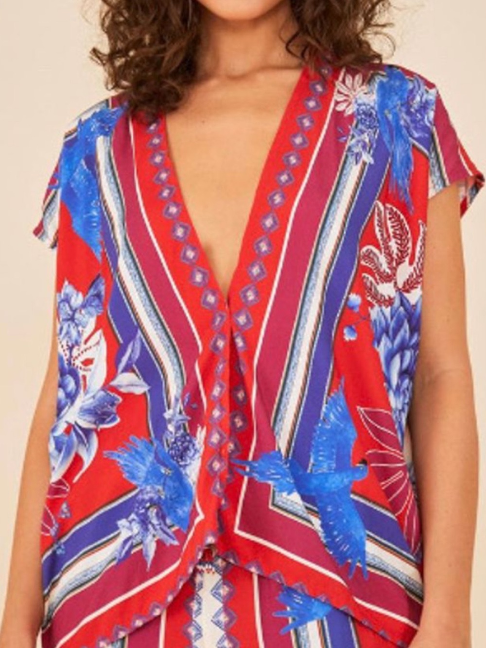 FARM Rio Red V-Neck Sleeveless Blouse with Blue Floral & Bird Print